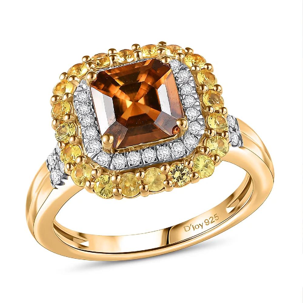 D'Joy AAA Golden Turkizite and Multi Gemstone 3.25 ctw Solar Blaze Ring in 18K Vermeil Yellow Gold Over Sterling Silver