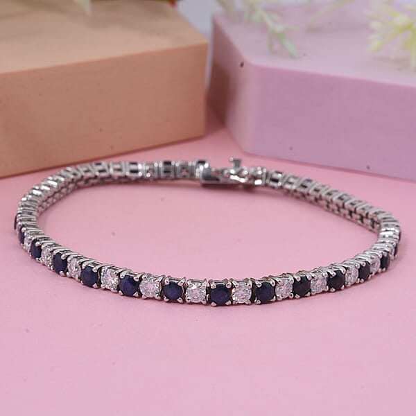 D'Joy AAA Kanchanaburi Blue Sapphire And Moissanite 6.85 Ctw Midnight Royalty Bracelet In Rhodium Over Sterling Silver (7.25 In)