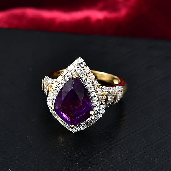 D'Joy AAA Lusaka Amethyst And Moissanite 6.10 Ctw Shield Ring In 18K Vermeil Yellow Gold Over Sterling Silver