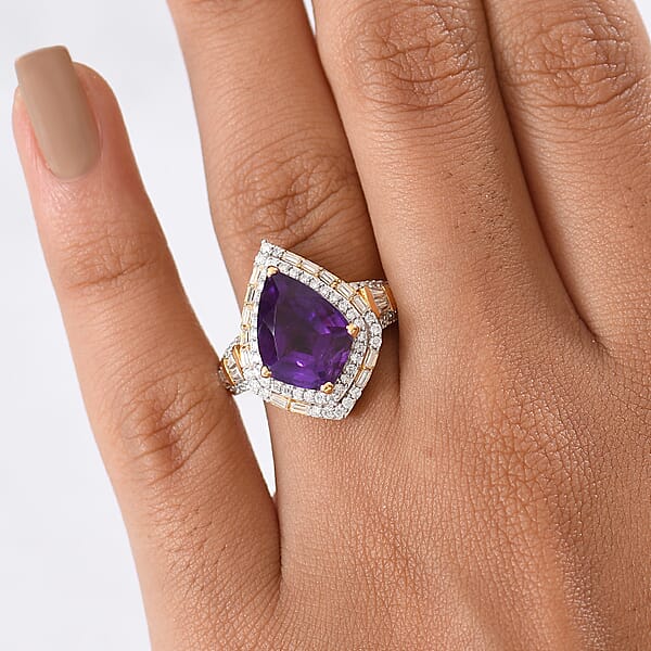 D'Joy AAA Lusaka Amethyst And Moissanite 6.10 Ctw Shield Ring In 18K Vermeil Yellow Gold Over Sterling Silver