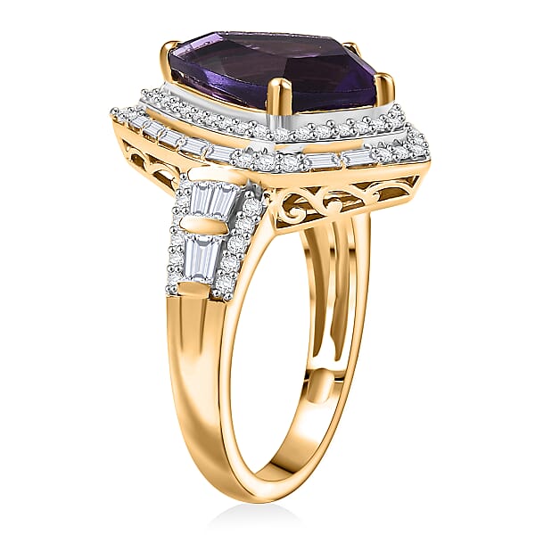 D'Joy AAA Lusaka Amethyst And Moissanite 6.10 Ctw Shield Ring In 18K Vermeil Yellow Gold Over Sterling Silver