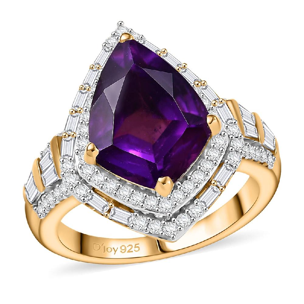 D'Joy AAA Lusaka Amethyst and Moissanite 6.10 ctw Shield Ring in 18K Vermeil Yellow Gold Over Sterling Silver