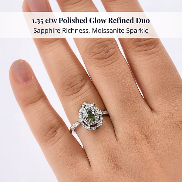 D'Joy AAA Madagascar Green Sapphire Moissanite Bloom Ring In Rhodium Over Sterling Silver 1.35 Ctw