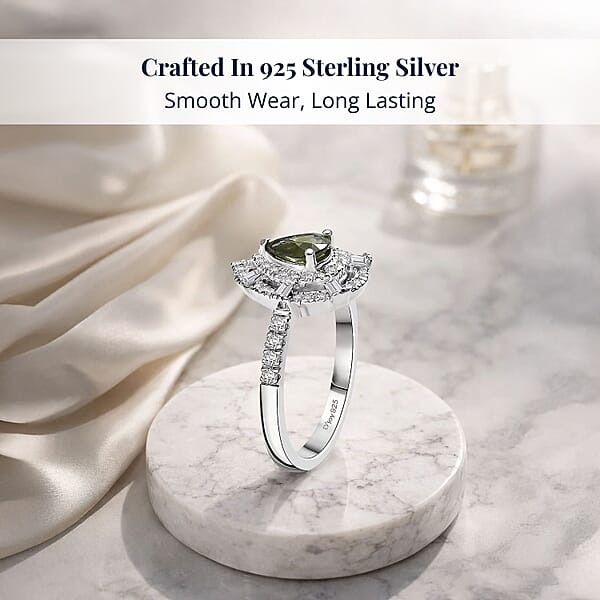 D'Joy AAA Madagascar Green Sapphire Moissanite Bloom Ring In Rhodium Over Sterling Silver 1.35 Ctw