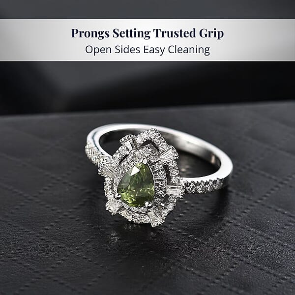 D'Joy AAA Madagascar Green Sapphire Moissanite Bloom Ring In Rhodium Over Sterling Silver 1.35 Ctw