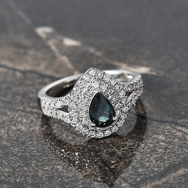 D'Joy AAA Madagascar Teal Sapphire Moissanite Ring In Rhodium Over Sterling Silver 1.60 Ctw