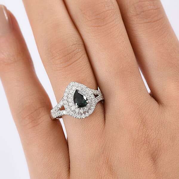 D'Joy AAA Madagascar Teal Sapphire Moissanite Ring In Rhodium Over Sterling Silver 1.60 Ctw