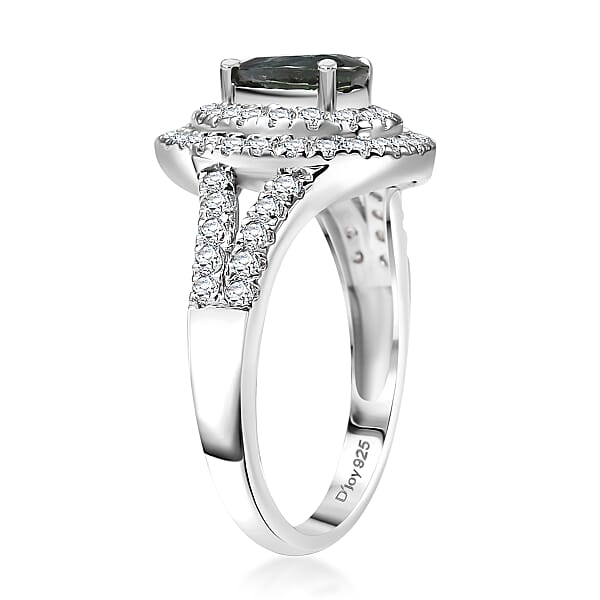 D'Joy AAA Madagascar Teal Sapphire Moissanite Ring In Rhodium Over Sterling Silver 1.60 Ctw