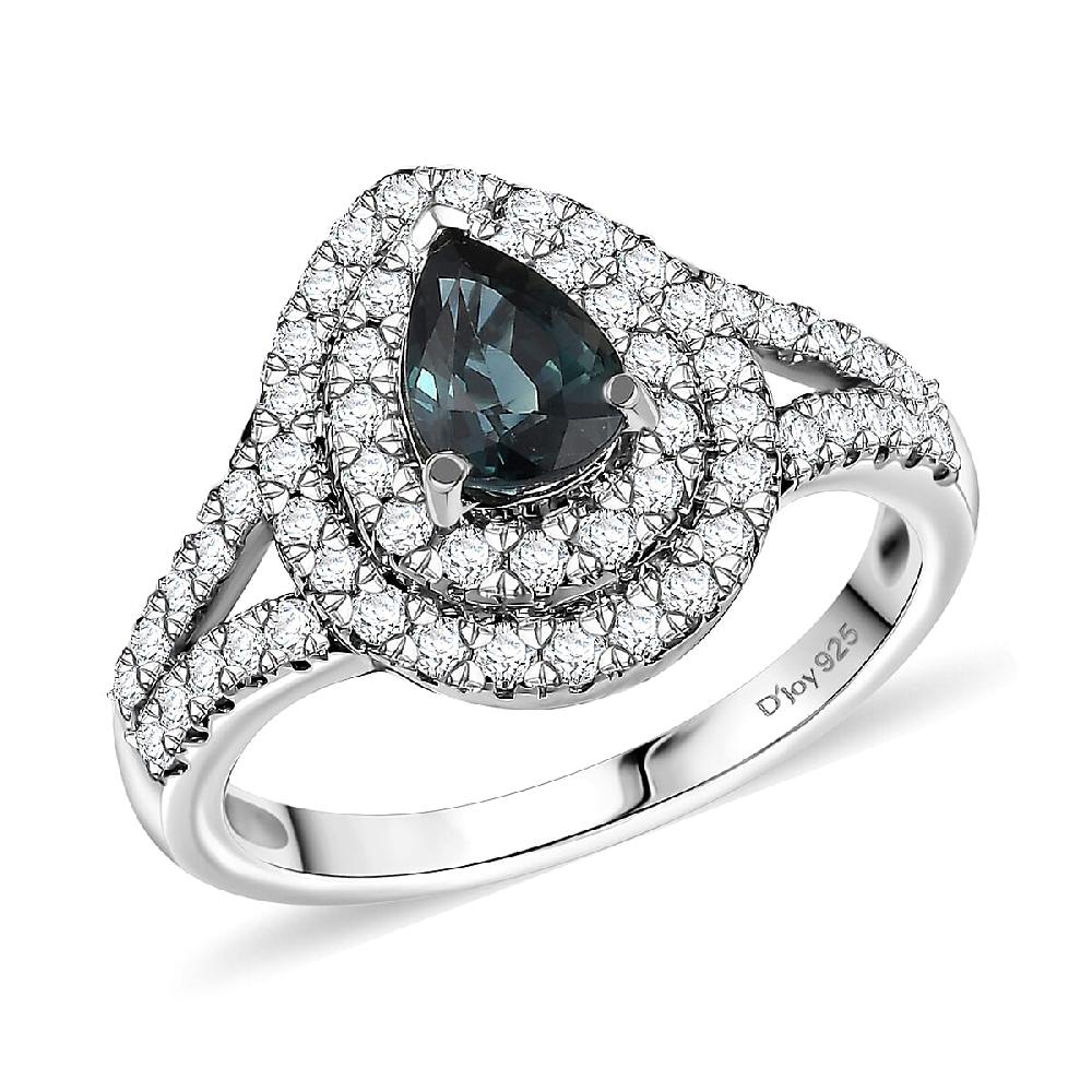 D'Joy AAA Madagascar Teal Sapphire Moissanite Ring in Rhodium Over Sterling Silver 1.60 ctw