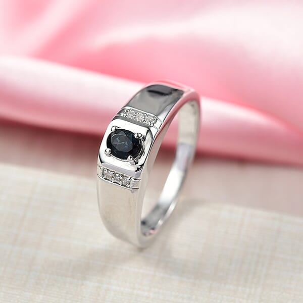 D'Joy AAA Monte Belo Indicolite And Diamond 0.40 Ctw Men's Ring In Rhodium Over Sterling Silver