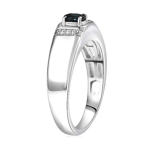 D'Joy AAA Monte Belo Indicolite And Diamond 0.40 Ctw Men's Ring In Rhodium Over Sterling Silver