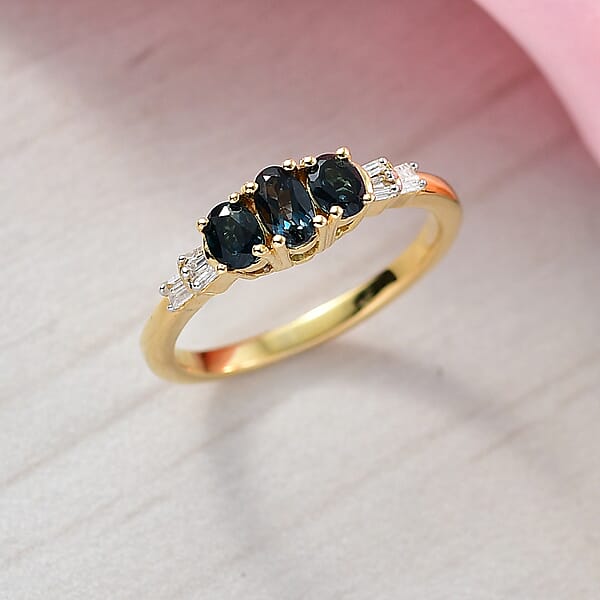 D'Joy AAA Monte Belo Indicolite And Diamond 0.60 Ctw Art Deco Ring In 18K Vermeil Yellow Gold Over Sterling Silver
