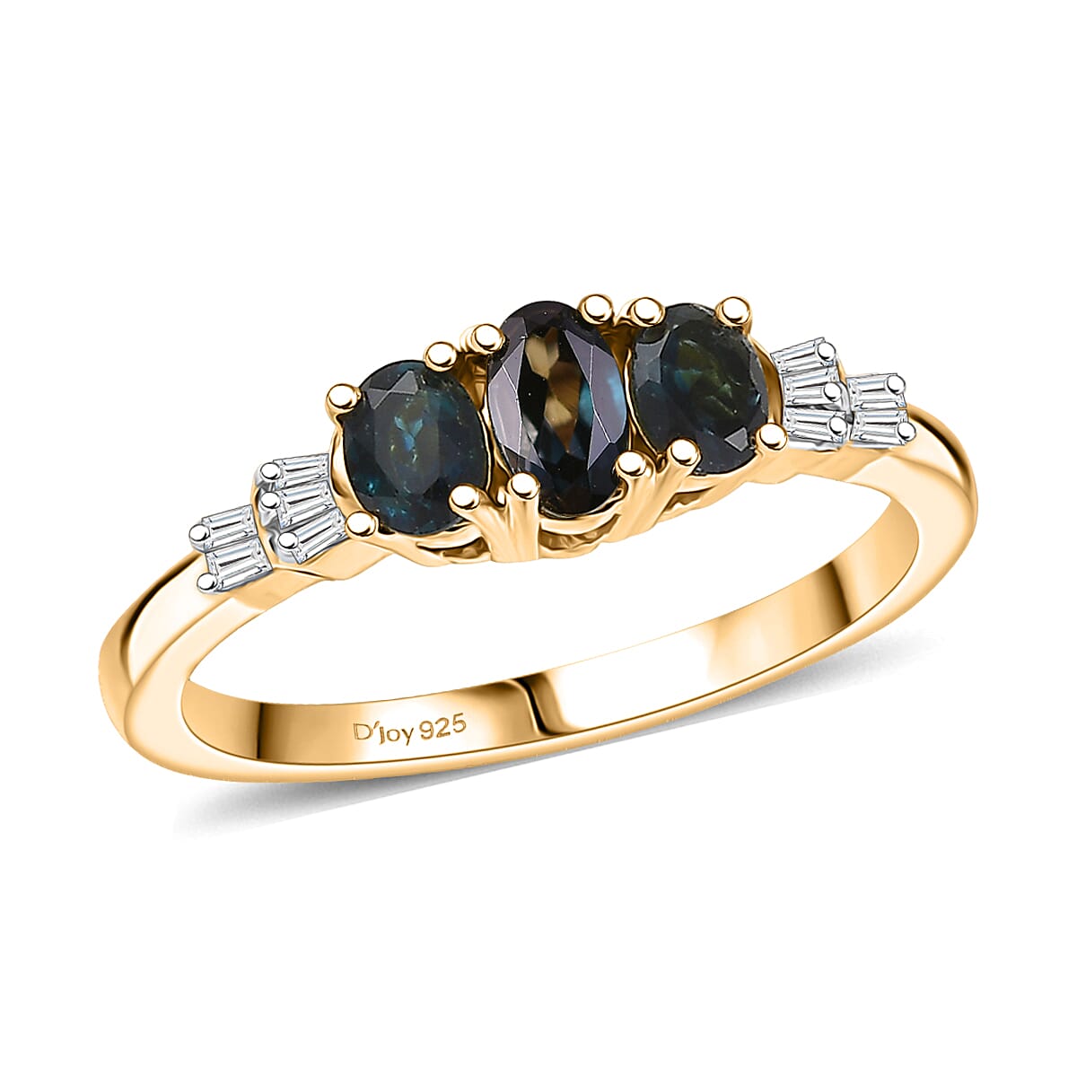 D'Joy AAA Monte Belo Indicolite and Diamond 0.60 ctw Art Deco Ring in 18K Vermeil Yellow Gold Over Sterling Silver