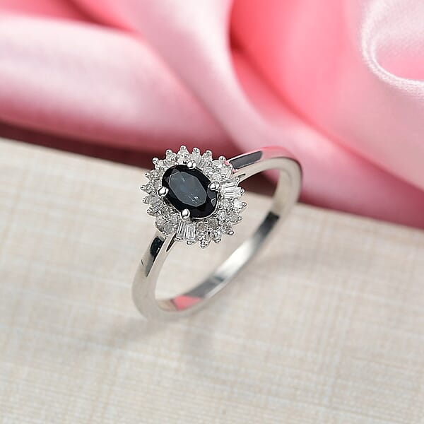 D'Joy AAA Monte Belo Indicolite And Diamond 0.65 Ctw Art Deco Halo Ring In Rhodium Over Sterling Silver
