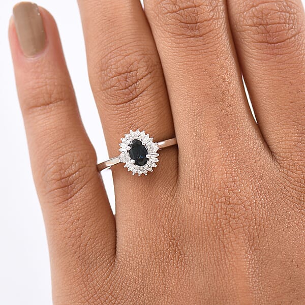 D'Joy AAA Monte Belo Indicolite And Diamond 0.65 Ctw Art Deco Halo Ring In Rhodium Over Sterling Silver