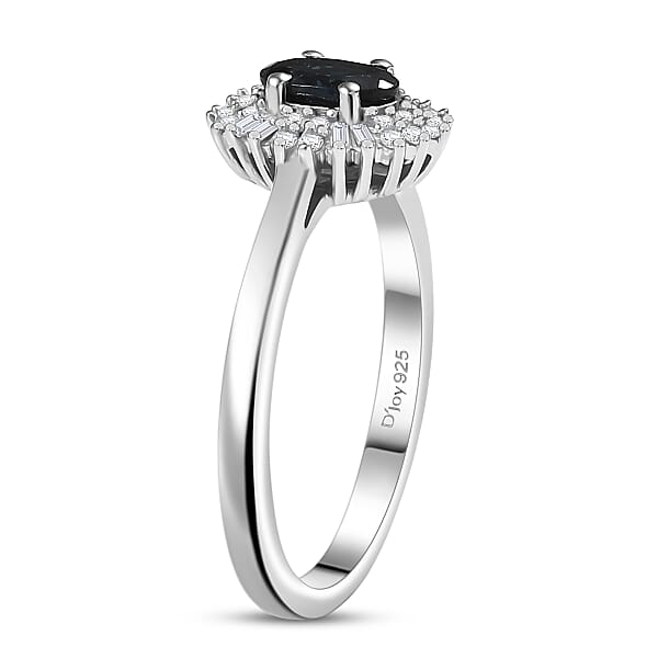 D'Joy AAA Monte Belo Indicolite And Diamond 0.65 Ctw Art Deco Halo Ring In Rhodium Over Sterling Silver
