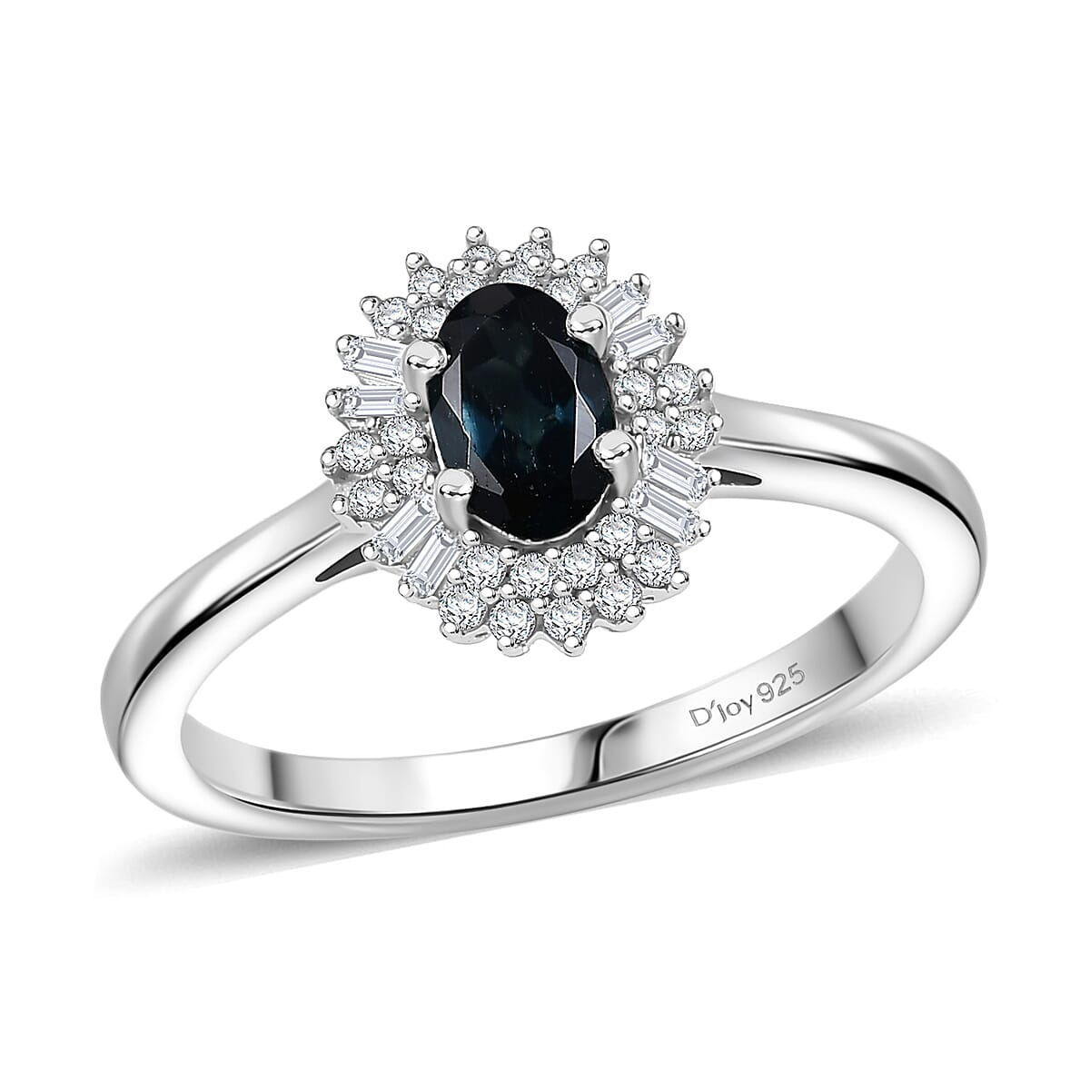 D'Joy AAA Monte Belo Indicolite and Diamond 0.65 ctw Art Deco Halo Ring in Rhodium Over Sterling Silver