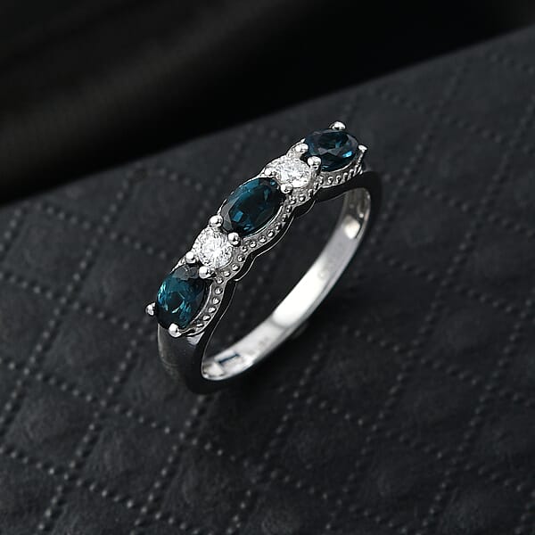 D'Joy AAA Monte Belo Indicolite And Moissanite 0.90 Ctw Flowing Droplets Ring In Rhodium Over Sterling Silver