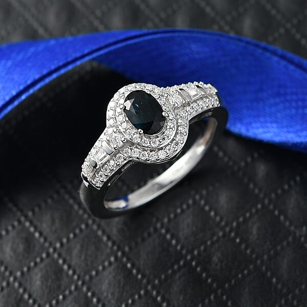 D'Joy AAA Monte Belo Indicolite And Moissanite 1.10 Ctw Regal Blue Halo Ring In Rhodium Over Sterling Silver