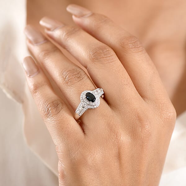 D'Joy AAA Monte Belo Indicolite And Moissanite 1.10 Ctw Regal Blue Halo Ring In Rhodium Over Sterling Silver