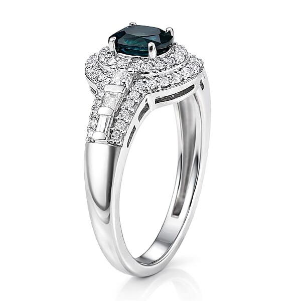 D'Joy AAA Monte Belo Indicolite And Moissanite 1.10 Ctw Regal Blue Halo Ring In Rhodium Over Sterling Silver