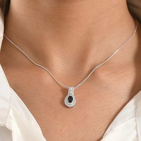 D'Joy AAA Monte Belo Indicolite And Moissanite 1.10 Ctw Regal Blue Halo Pendant Necklace In Rhodium Over Sterling Silver 20 Inches