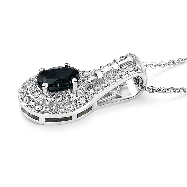 D'Joy AAA Monte Belo Indicolite And Moissanite 1.10 Ctw Regal Blue Halo Pendant Necklace In Rhodium Over Sterling Silver 20 Inches