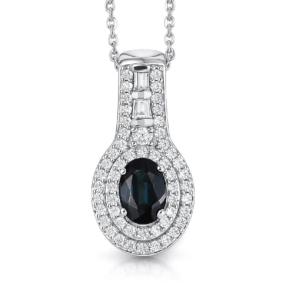 D'Joy AAA Monte Belo Indicolite and Moissanite 1.10 ctw Regal Blue Halo Pendant Necklace in Rhodium Over Sterling Silver 20 Inches