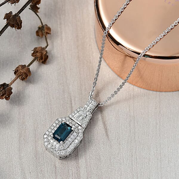 D'Joy AAA Monte Belo Indicolite And Moissanite 1.10 Ctw Art Deco Pendant Necklace In Rhodium Over Sterling Silver 20 Inches