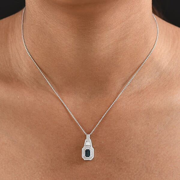 D'Joy AAA Monte Belo Indicolite And Moissanite 1.10 Ctw Art Deco Pendant Necklace In Rhodium Over Sterling Silver 20 Inches