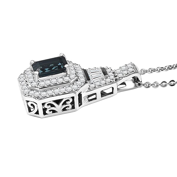 D'Joy AAA Monte Belo Indicolite And Moissanite 1.10 Ctw Art Deco Pendant Necklace In Rhodium Over Sterling Silver 20 Inches