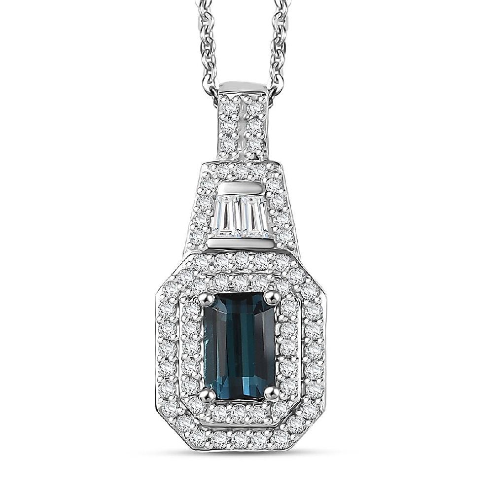 D'Joy AAA Monte Belo Indicolite and Moissanite 1.10 ctw Art Deco Pendant Necklace in Rhodium Over Sterling Silver 20 Inches