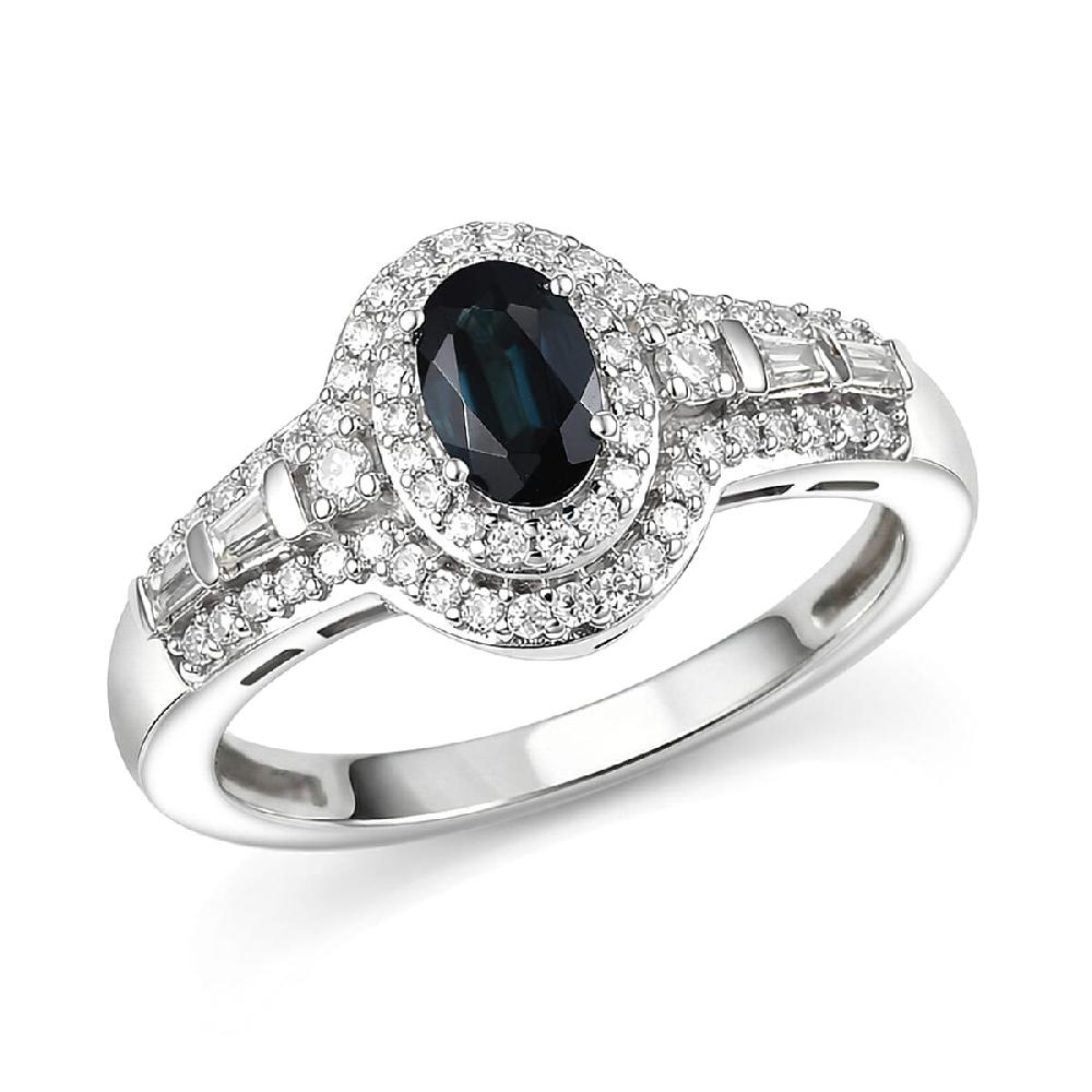 D'Joy AAA Monte Belo Indicolite and Moissanite 1.10 ctw Regal Blue Halo Ring in Rhodium Over Sterling Silver