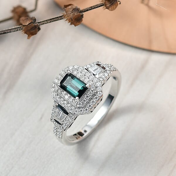 D'Joy AAA Monte Belo Indicolite And Moissanite 1.25 Ctw Art Deco Ring In Rhodium Over Sterling Silver