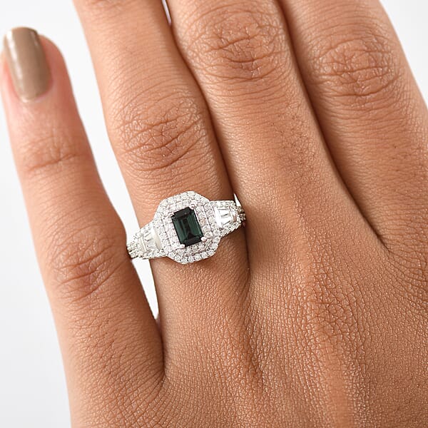 D'Joy AAA Monte Belo Indicolite And Moissanite 1.25 Ctw Art Deco Ring In Rhodium Over Sterling Silver