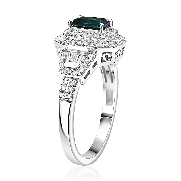 D'Joy AAA Monte Belo Indicolite And Moissanite 1.25 Ctw Art Deco Ring In Rhodium Over Sterling Silver