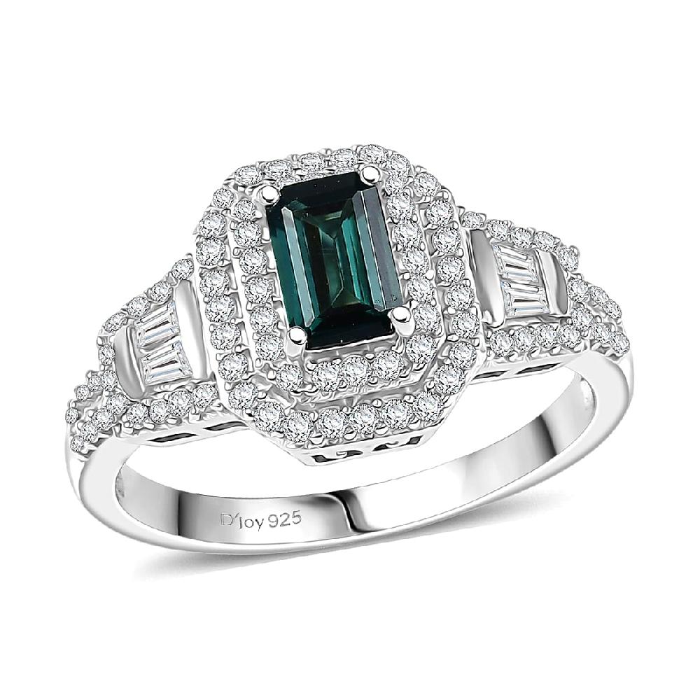 D'Joy AAA Monte Belo Indicolite and Moissanite 1.25 ctw Art Deco Ring in Rhodium Over Sterling Silver