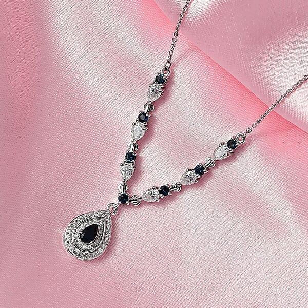 D'Joy AAA Monte Belo Indicolite And Moissanite 1.60 Ctw Art Deco Necklace In Rhodium Over Sterling Silver 18 Inches