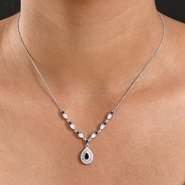 D'Joy AAA Monte Belo Indicolite And Moissanite 1.60 Ctw Art Deco Necklace In Rhodium Over Sterling Silver 18 Inches