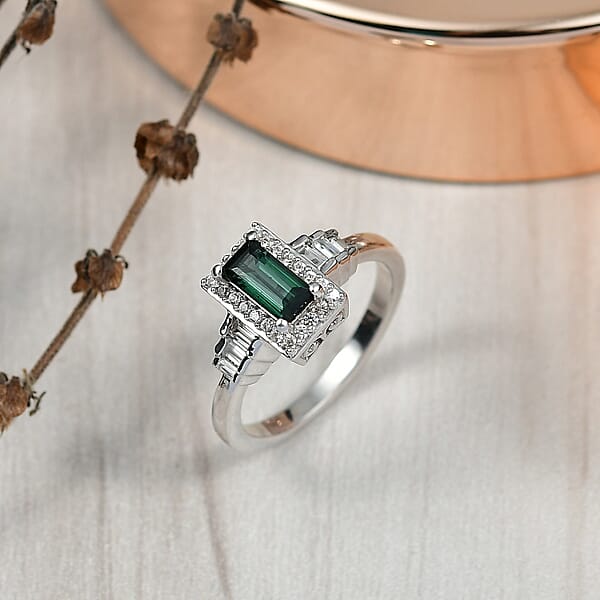 D'Joy AAA Monte Belo Indicolite And White Zircon 1.25 Ctw Art Deco Ring In Rhodium Over Sterling Silver