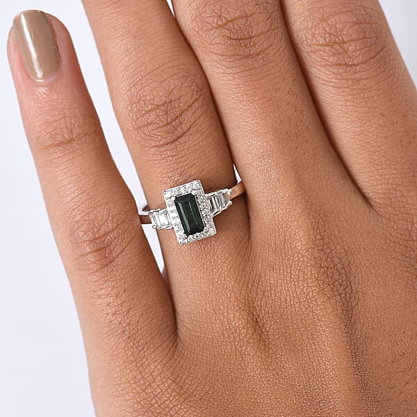 D'Joy AAA Monte Belo Indicolite And White Zircon 1.25 Ctw Art Deco Ring In Rhodium Over Sterling Silver