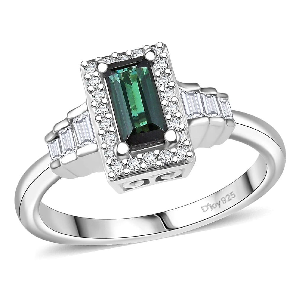 D'Joy AAA Monte Belo Indicolite and White Zircon 1.25 ctw Art Deco Ring in Rhodium Over Sterling Silver