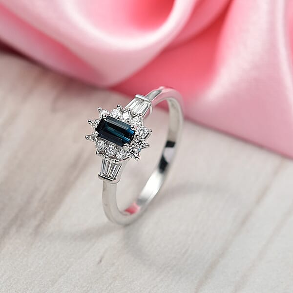 D'Joy AAA Monte Belo Indicolite Moissanite Art Deco Ring In Rhodium Over Sterling Silver 0.65 Ctw