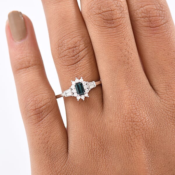 D'Joy AAA Monte Belo Indicolite Moissanite Art Deco Ring In Rhodium Over Sterling Silver 0.65 Ctw