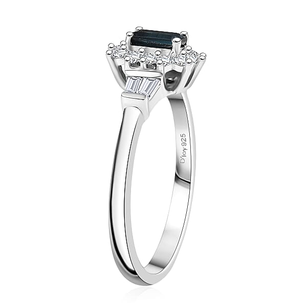 D'Joy AAA Monte Belo Indicolite Moissanite Art Deco Ring In Rhodium Over Sterling Silver 0.65 Ctw