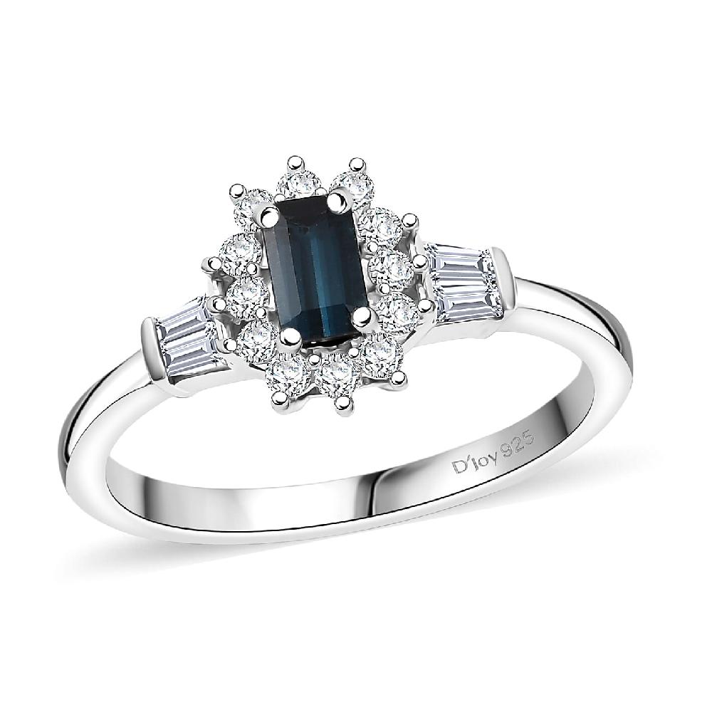 D'Joy AAA Monte Belo Indicolite Moissanite Art Deco Ring in Rhodium Over Sterling Silver 0.65 ctw