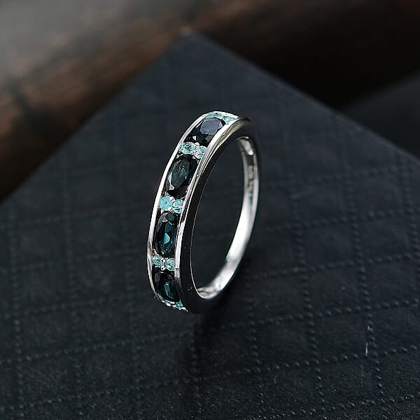 D'Joy AAA Monte Belo Indicolite Paraiba Tourmaline Band Ring In Rhodium Over Sterling Silver 1.10 Ctw