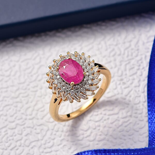 D'Joy AAA Montepuez Ruby Moissanite Ring In 18K Vermeil YG Over Sterling Silver 2.15 Ctw