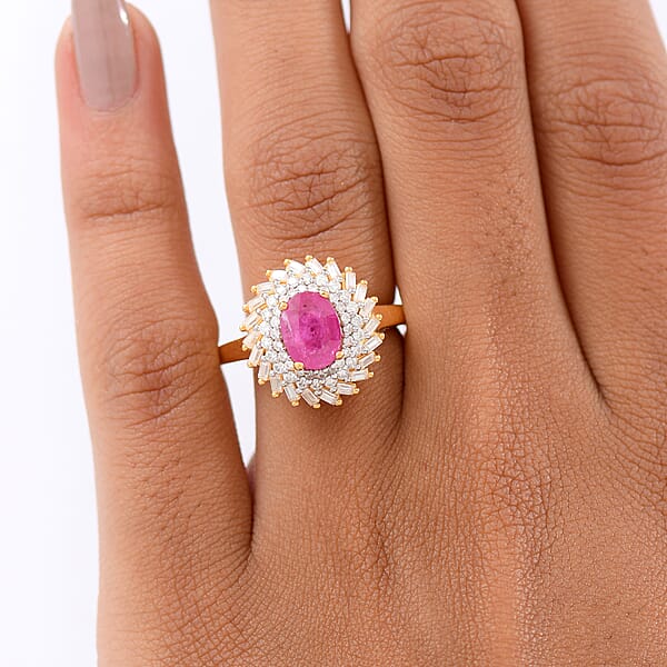 D'Joy AAA Montepuez Ruby Moissanite Ring In 18K Vermeil YG Over Sterling Silver 2.15 Ctw