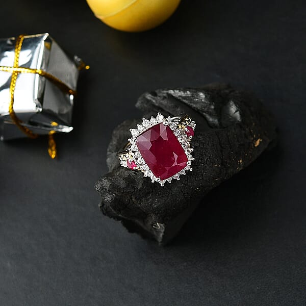D'Joy AAA Niassa Ruby (FF) And White Zircon 12.40 Ctw Elegant Vintage Ring In 18K Vermeil YG And Rhodium Over Sterling Silver